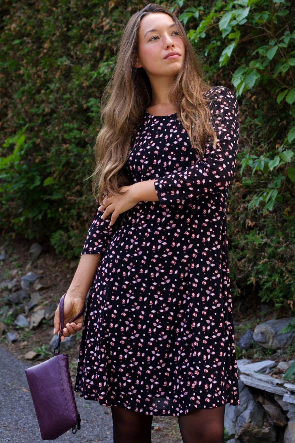 Daisie Black Fit & Flare Mesh Dress Pink Floral Print-1