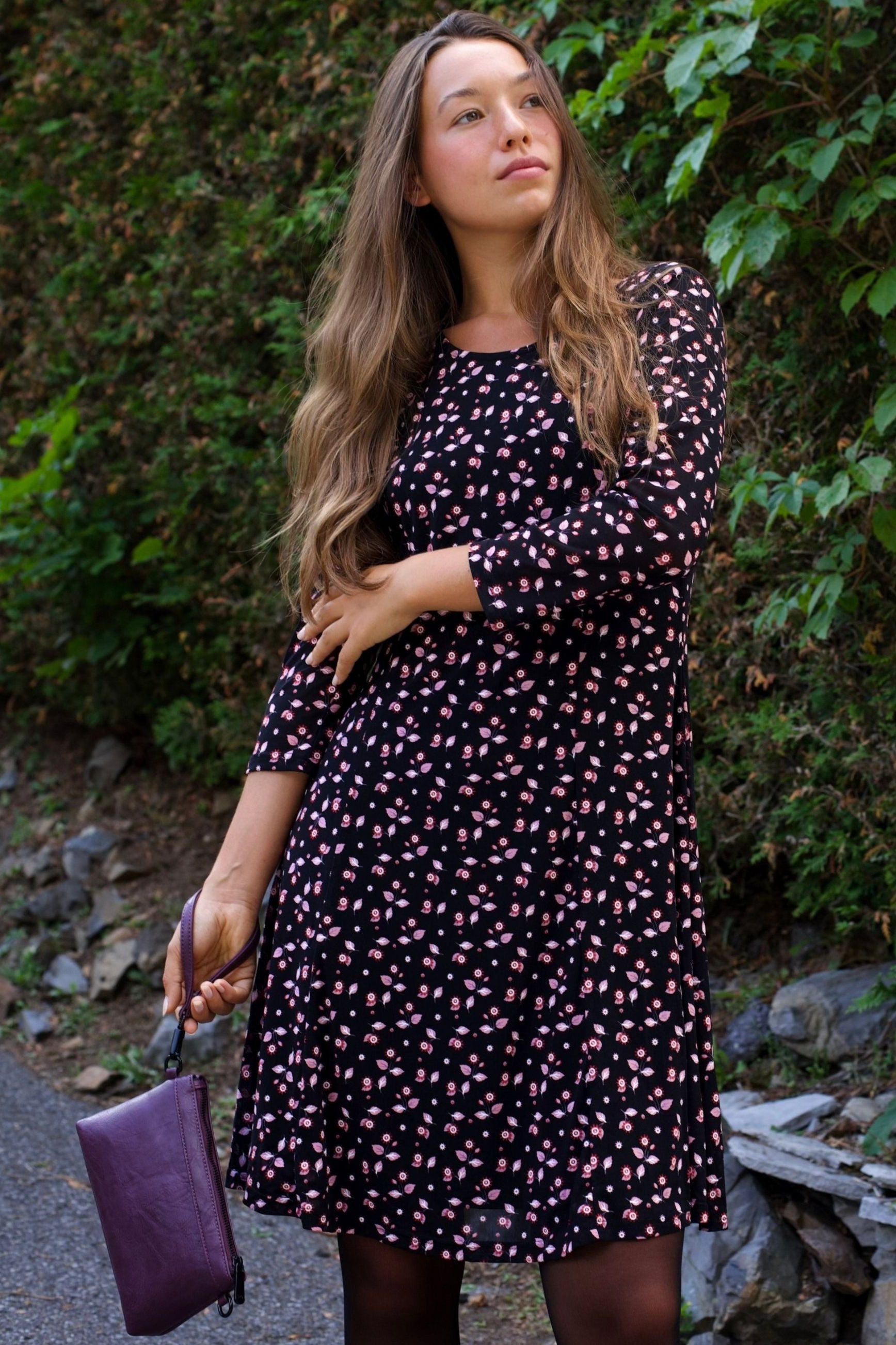 Daisie Black Fit & Flare Mesh Dress Pink Floral Print-1