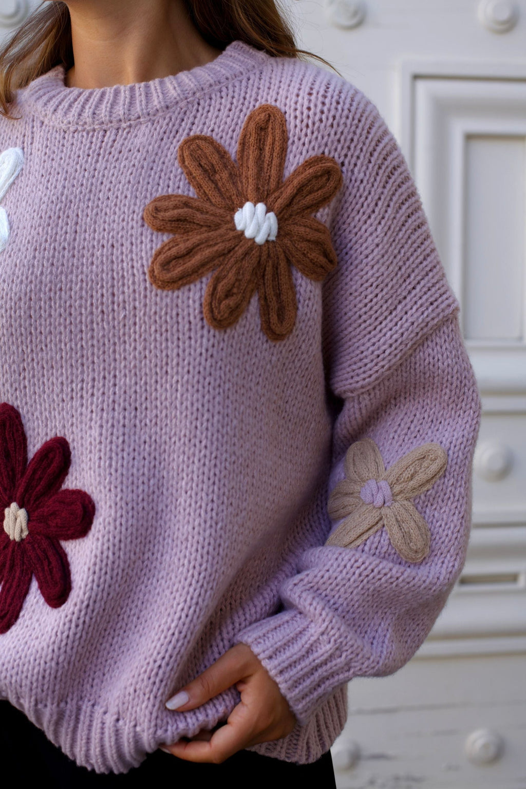Tamara Women's Chunky Knit Sweater Embroidered Floral Appliqué-3