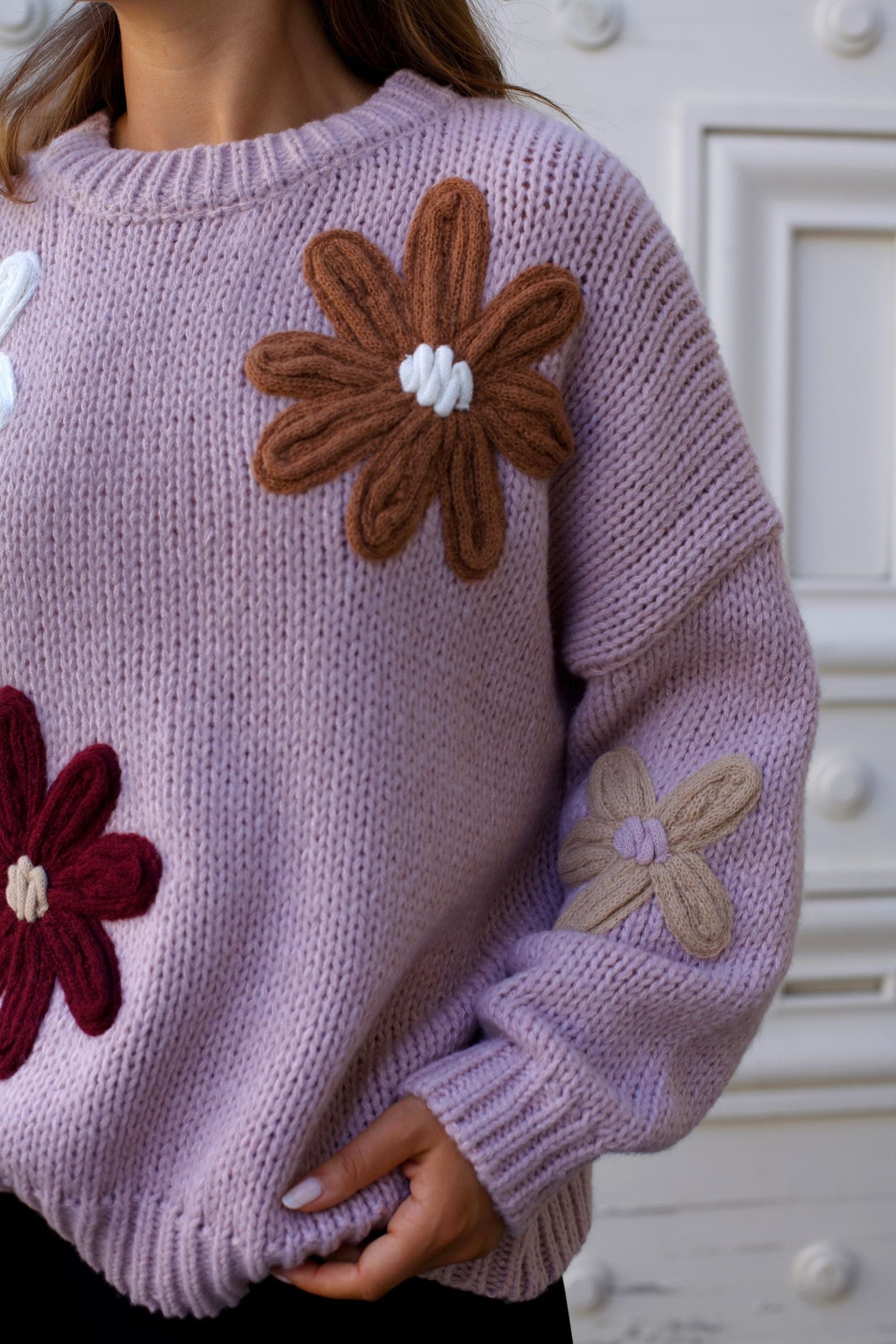 Tamara Women's Chunky Knit Sweater Embroidered Floral Appliqué-3