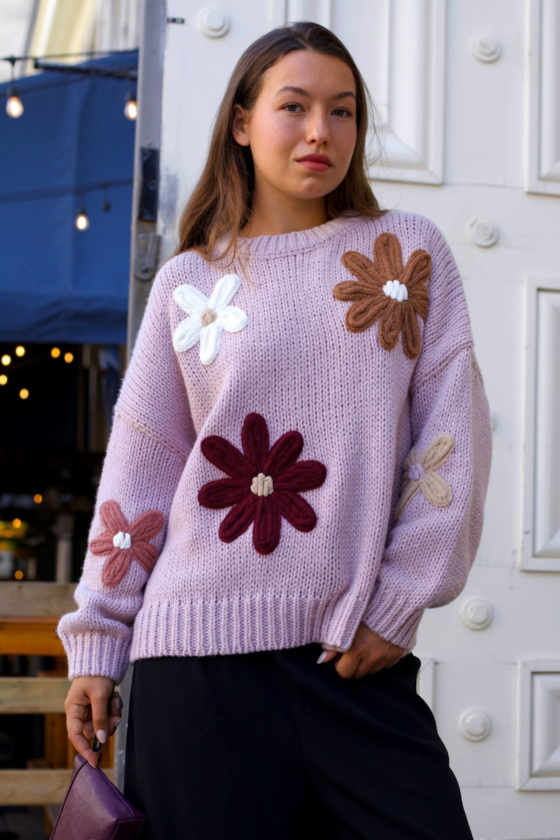 Tamara Women's Chunky Knit Sweater Embroidered Floral Appliqué-2