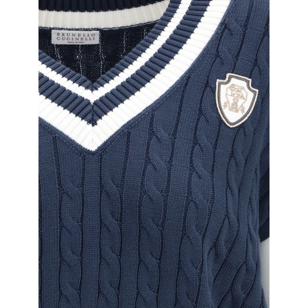 Brunello Cucinelli Blue Cotton Sleeveles Sweater