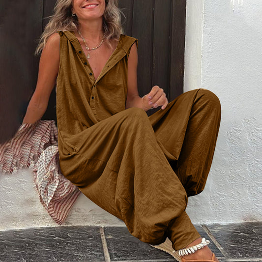 Hot Selling Button Up Hooded Sleeveless Pants In Stock, Jumpsuit With Pockets