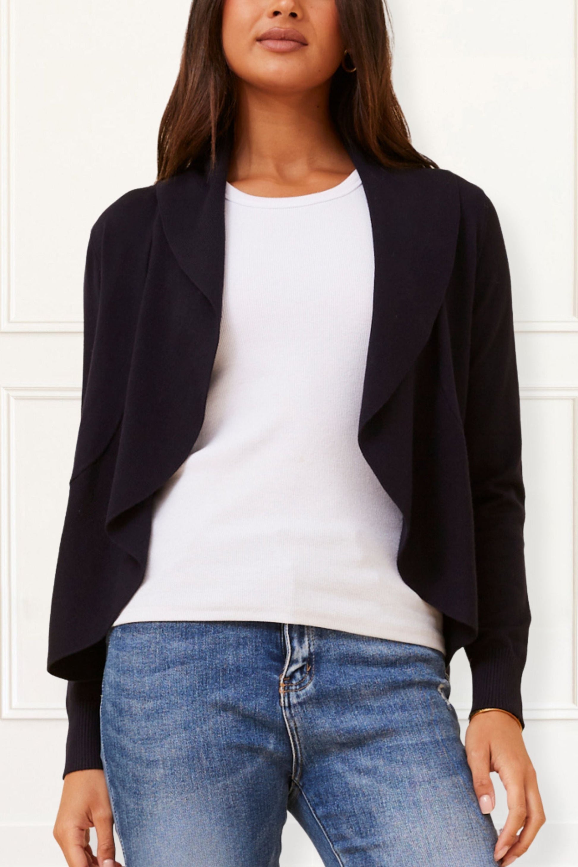 Alessia Lightweight Open-Front Black Cardigan Draped Waterfall Fit-0