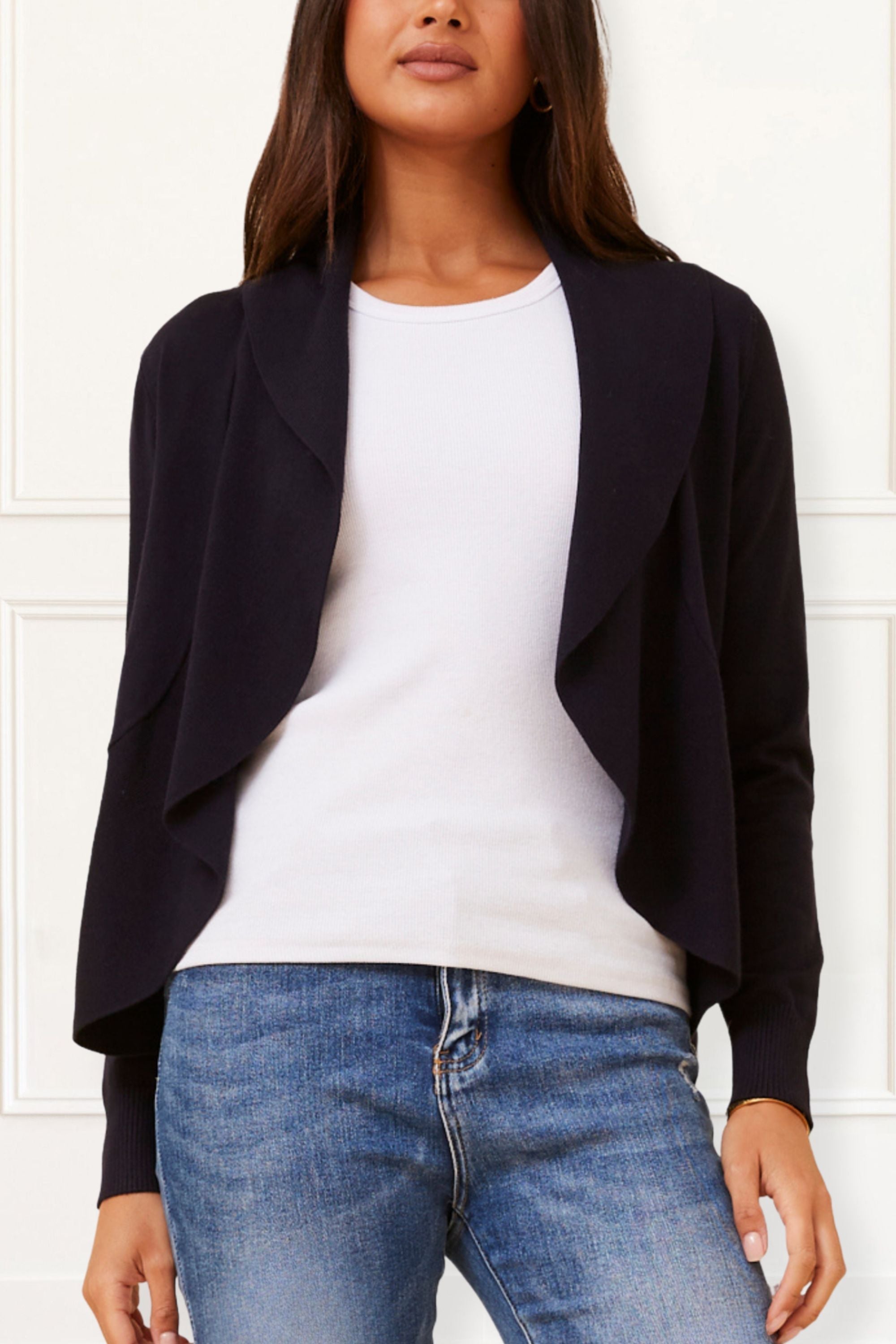 Alessia Lightweight Open-Front Black Cardigan Draped Waterfall Fit-0