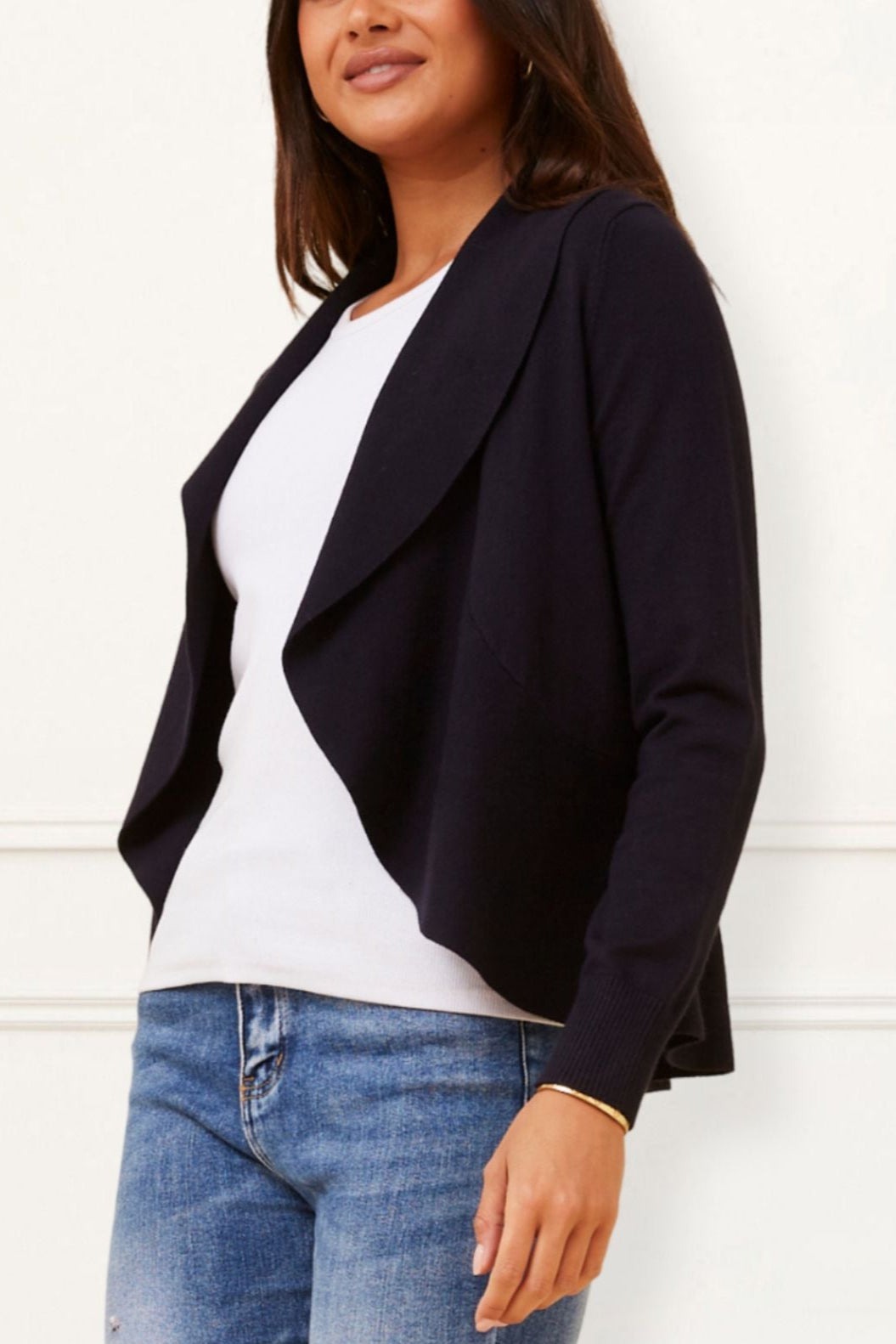 Alessia Lightweight Open-Front Black Cardigan Draped Waterfall Fit-2