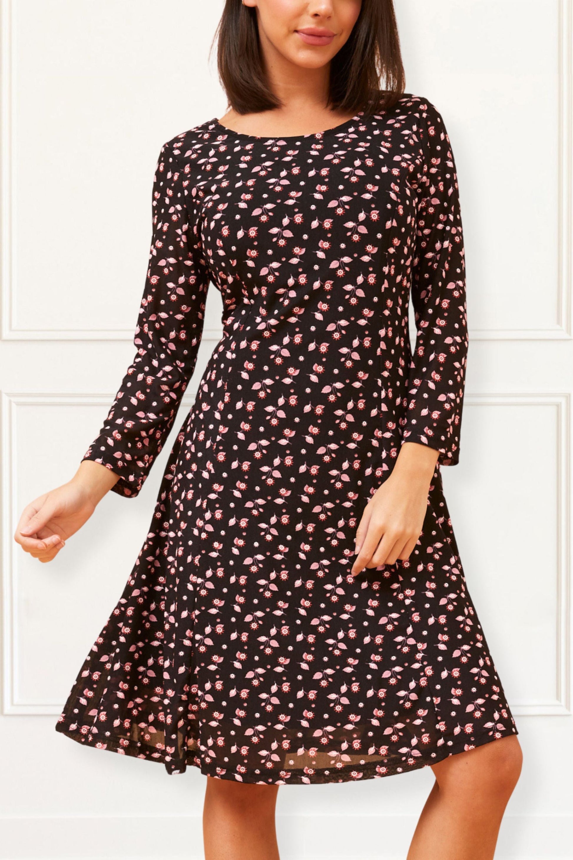Daisie Black Fit & Flare Mesh Dress Pink Floral Print-0