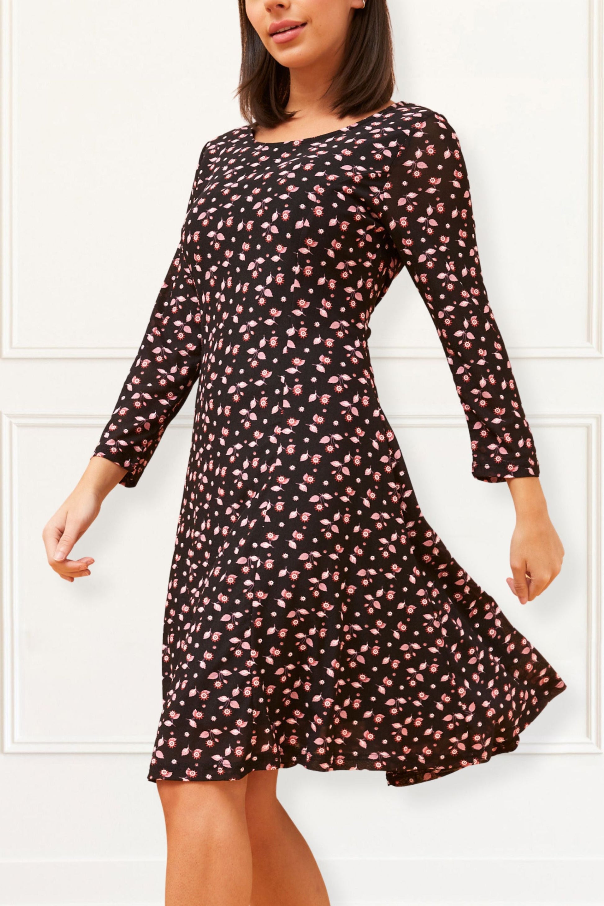 Daisie Black Fit & Flare Mesh Dress Pink Floral Print-4