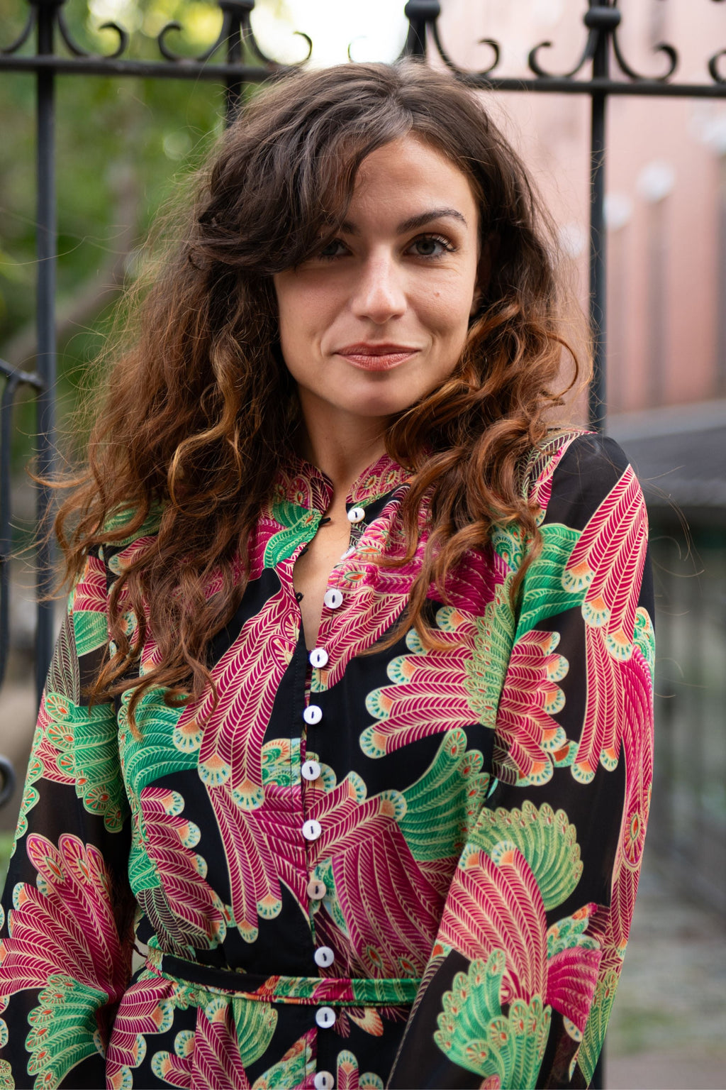 Anais Multi Feather Printed Shirt Dress Long Sleeves Button Down Belted