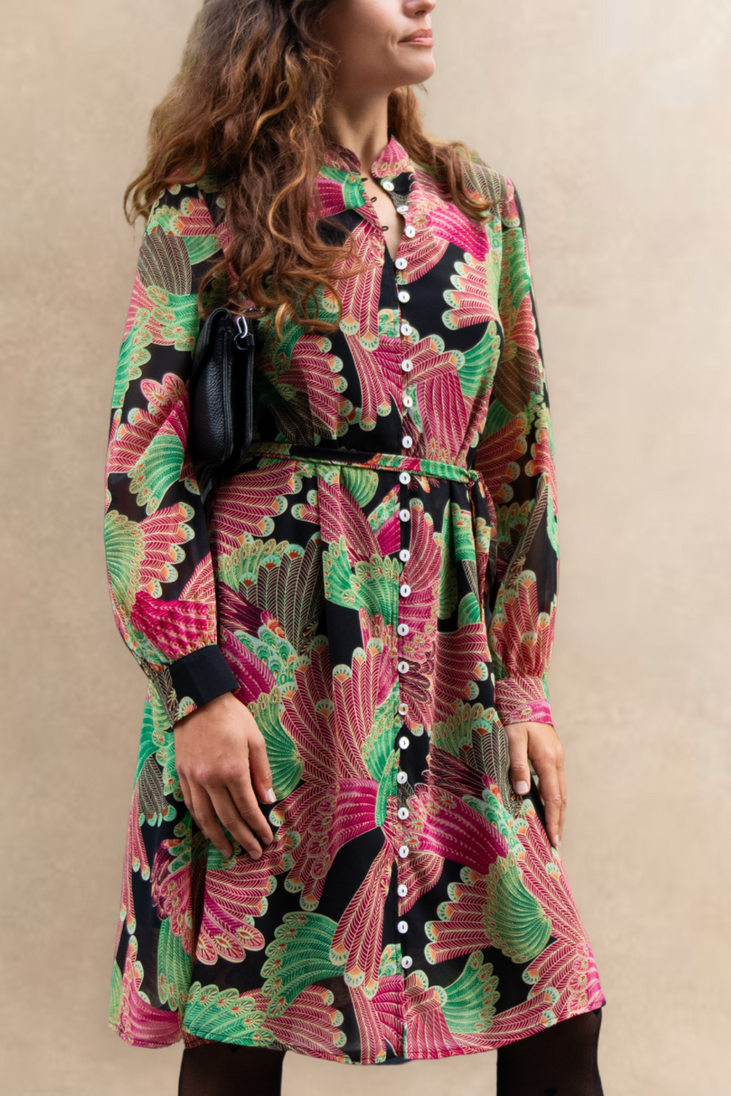 Anais Multi Feather Printed Shirt Dress Long Sleeves Button Down Belted