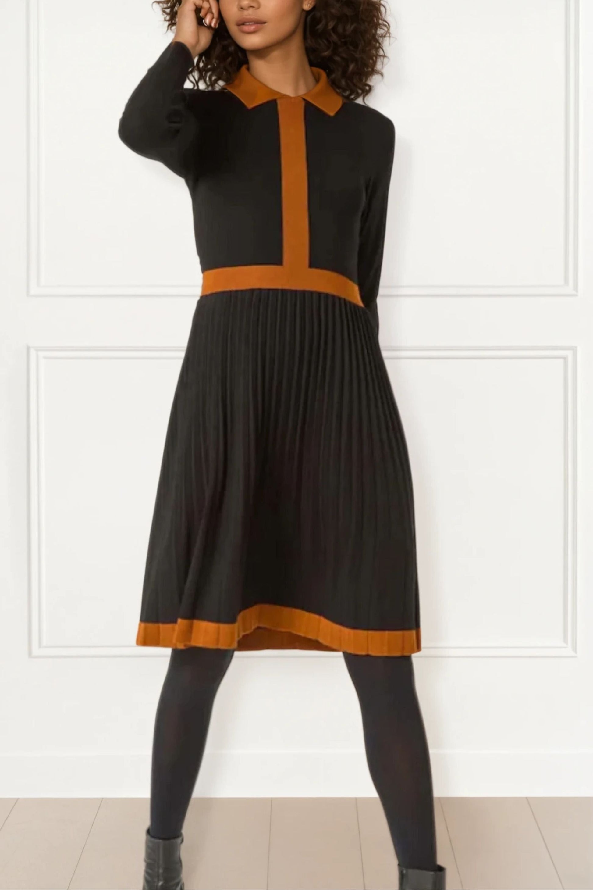 Clarissa Knit Women's Dress Contrast Trim Long Sleeves-0