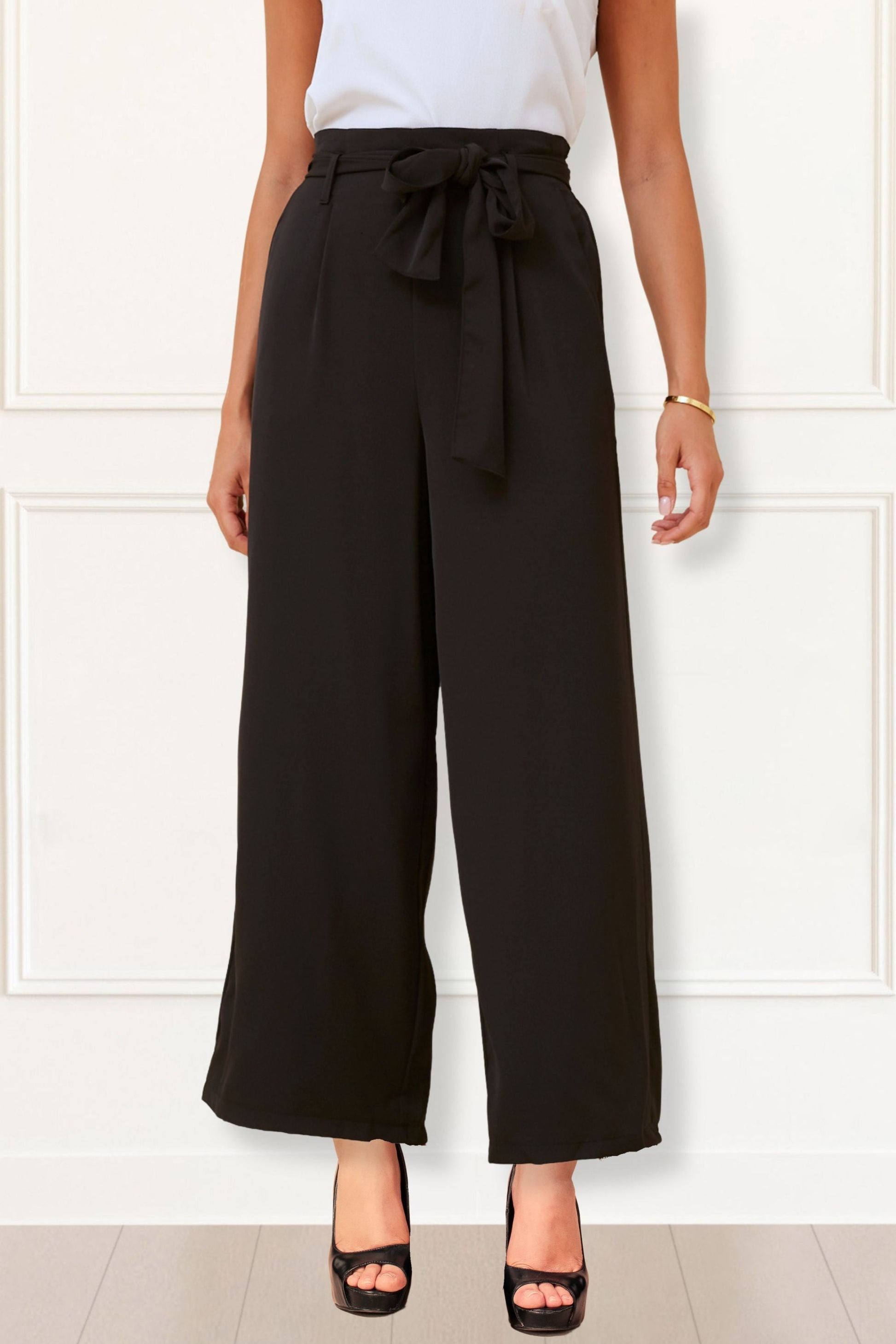 Alba Black Paperbag Pants Straight Leg Elastic Waistband-0