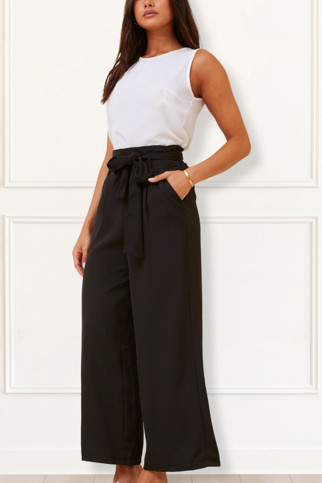 Alba Black Paperbag Pants Straight Leg Elastic Waistband-3