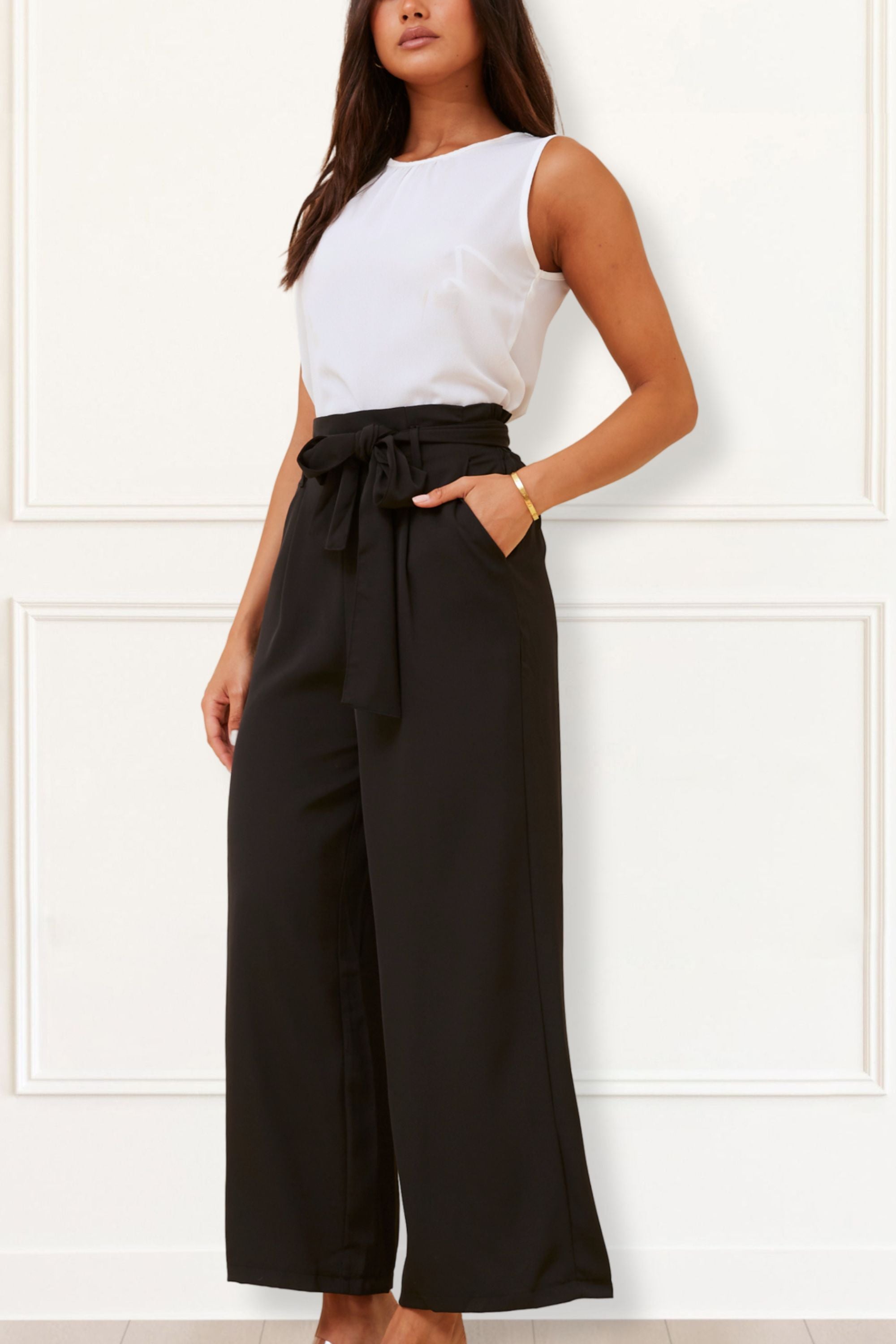 Alba Black Paperbag Pants Straight Leg Elastic Waistband-3