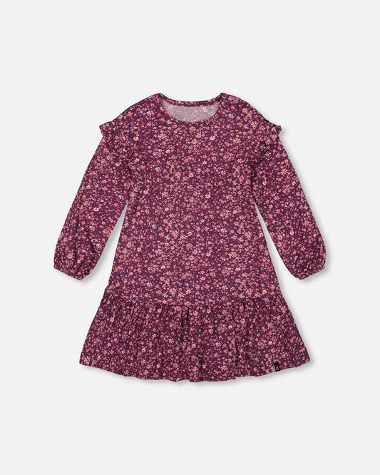 Dress With Frills Burgundy Printed Little Flowers-0