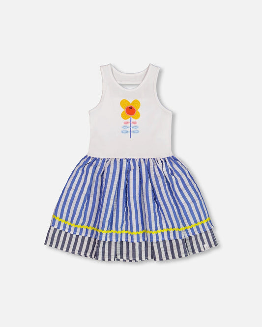Bi-Material Cotton And Seersucker Dress White And Royal Blue-0