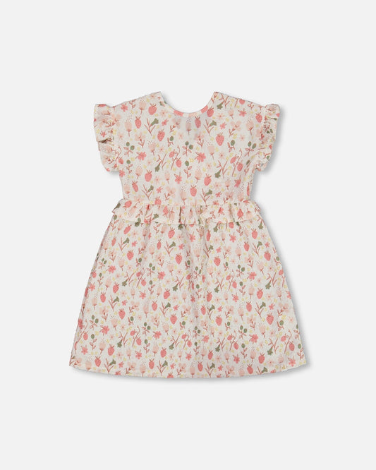 Printed Seersucker Dress With Frill Pink Flowers On Cream Background-0