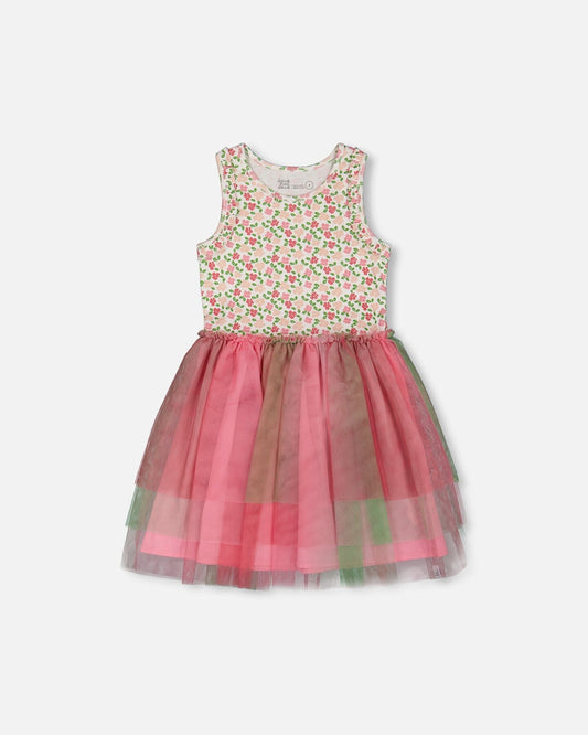 Bi-Material Cotton And Mesh Dress Small Flowers And Multicolored Gradient Skirt-0