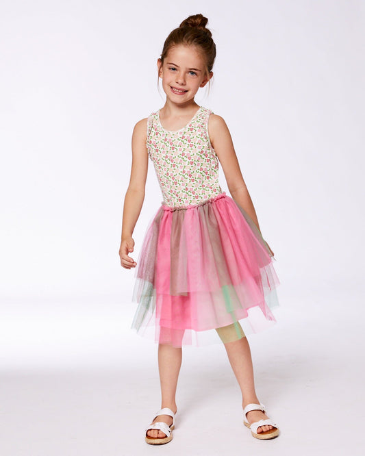 Bi-Material Cotton And Mesh Dress Small Flowers And Multicolored Gradient Skirt-1
