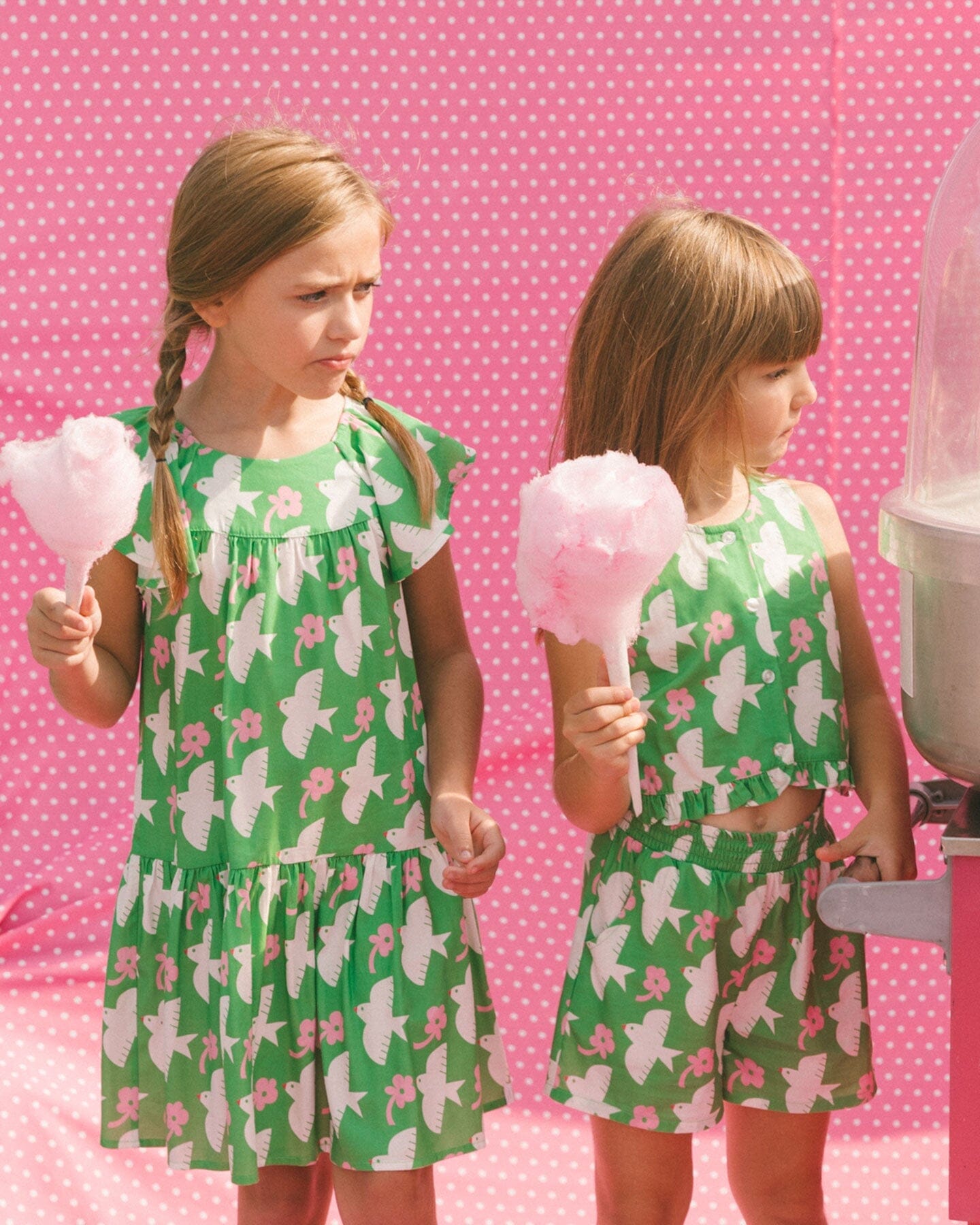 Printed Dress With Flounce Sleeves Green With White And Pink Bird-2