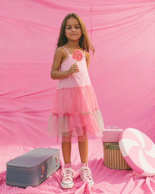 Sleeveless Color Block Tulle Dress Pink And Green-1
