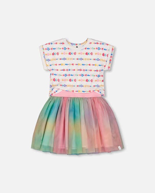 Bi-Material Dress With Mesh Skirt Multicolored Tie Dye And White-0