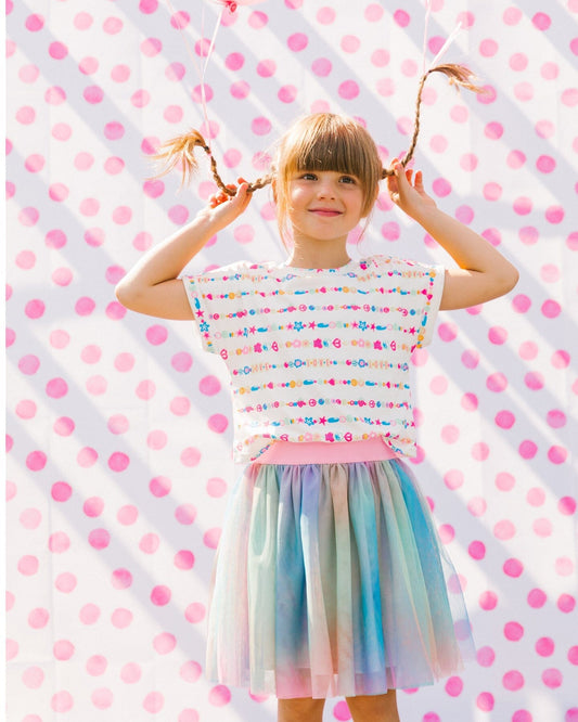 Bi-Material Dress With Mesh Skirt Multicolored Tie Dye And White-1