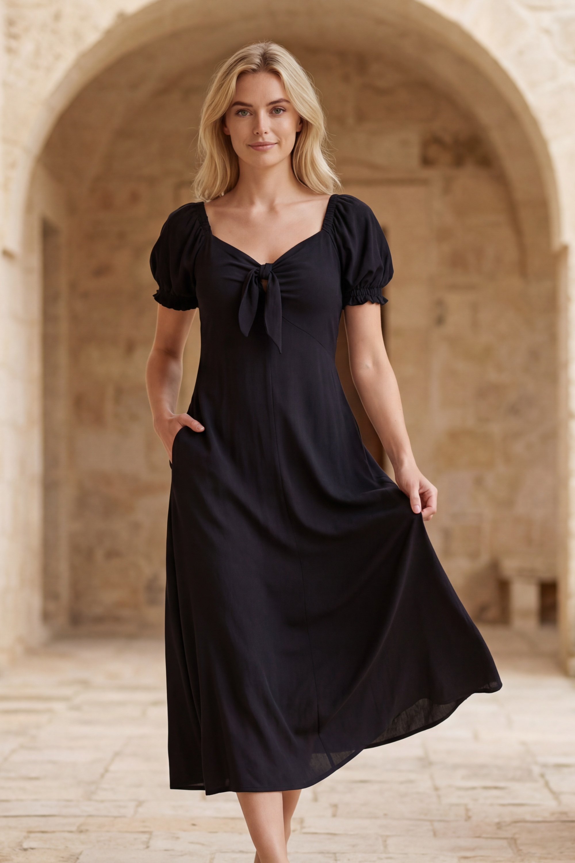 Genevieve Midi Dress Short Sleeves Front Tie