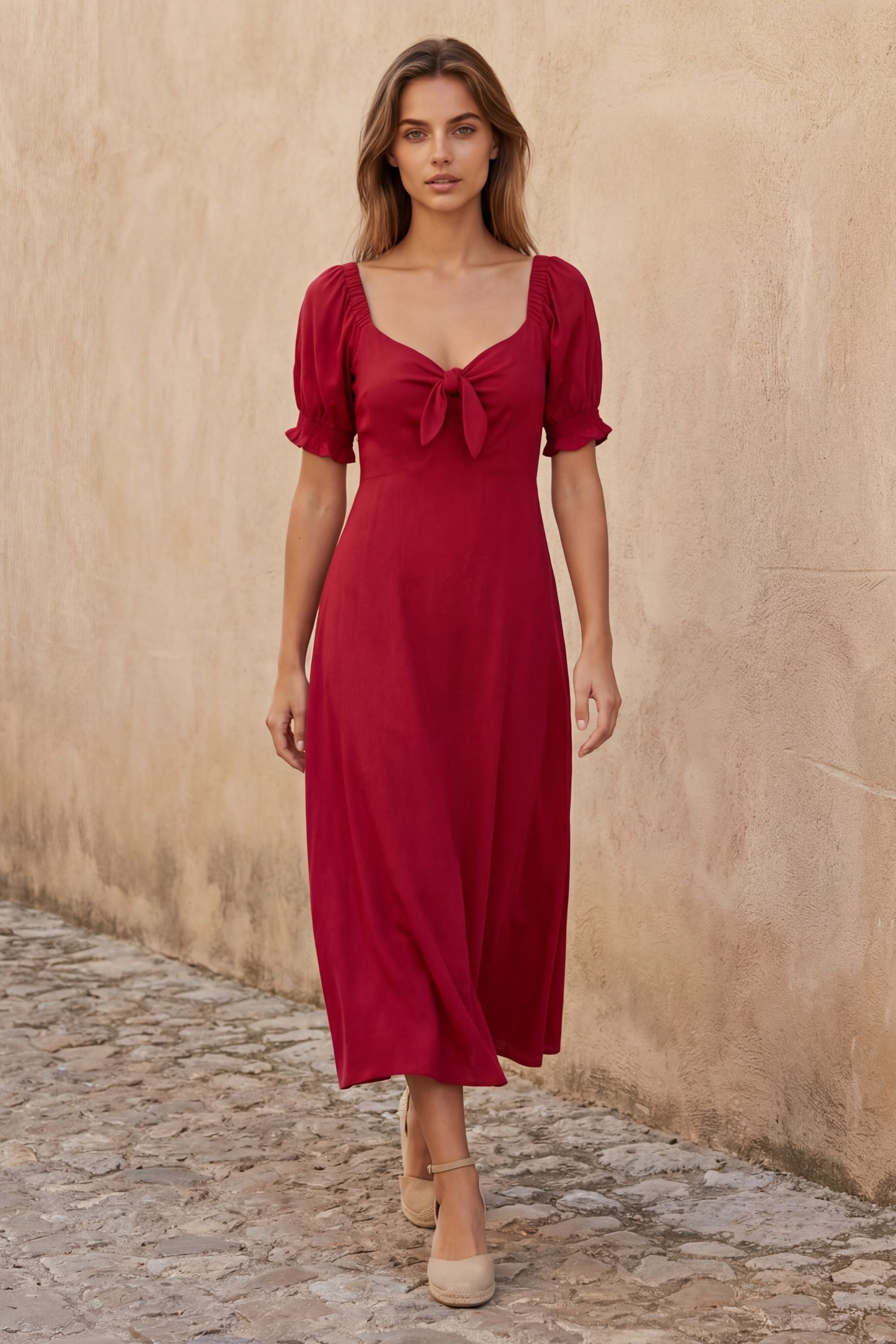 Genevieve Midi Dress Short Sleeves Front Tie