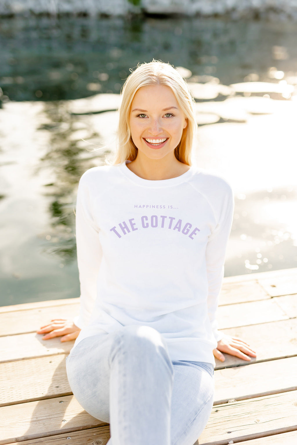Women's Cottage Collegiate Crew Sweatshirt, White with Lilac-1