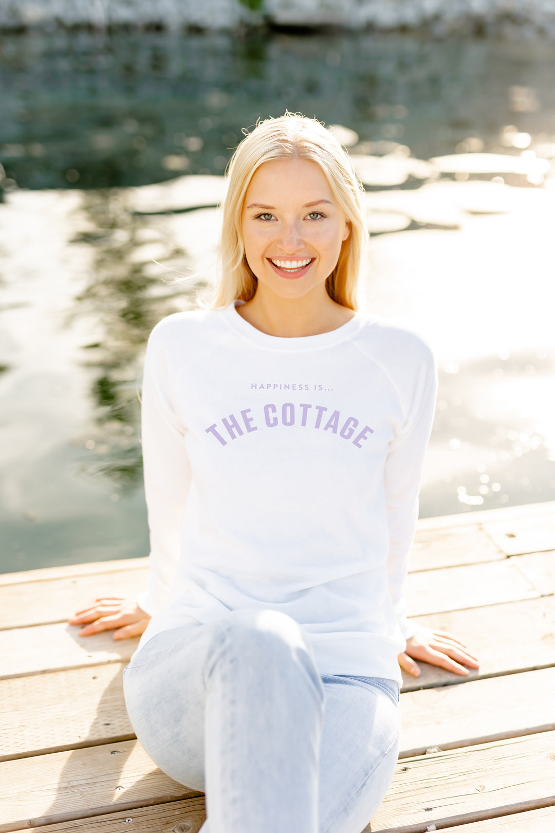 Women's Cottage Collegiate Crew Sweatshirt, White with Lilac-1
