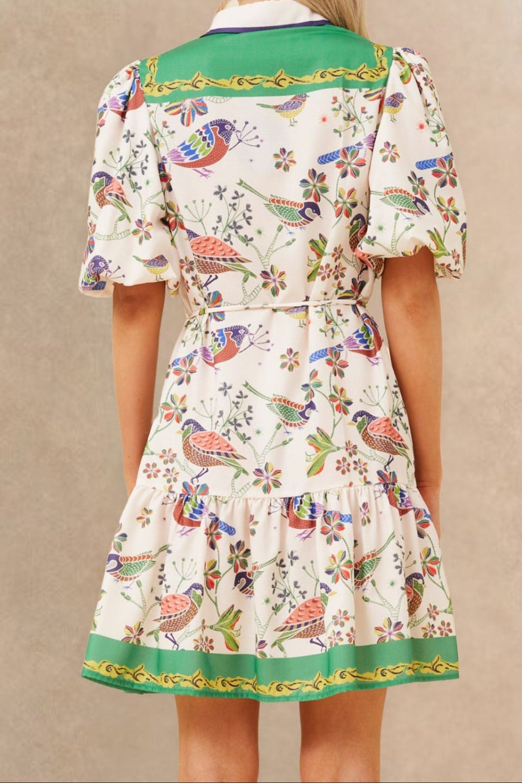 Leontine Boho Bird Print Dress Bell Sleeves Belt