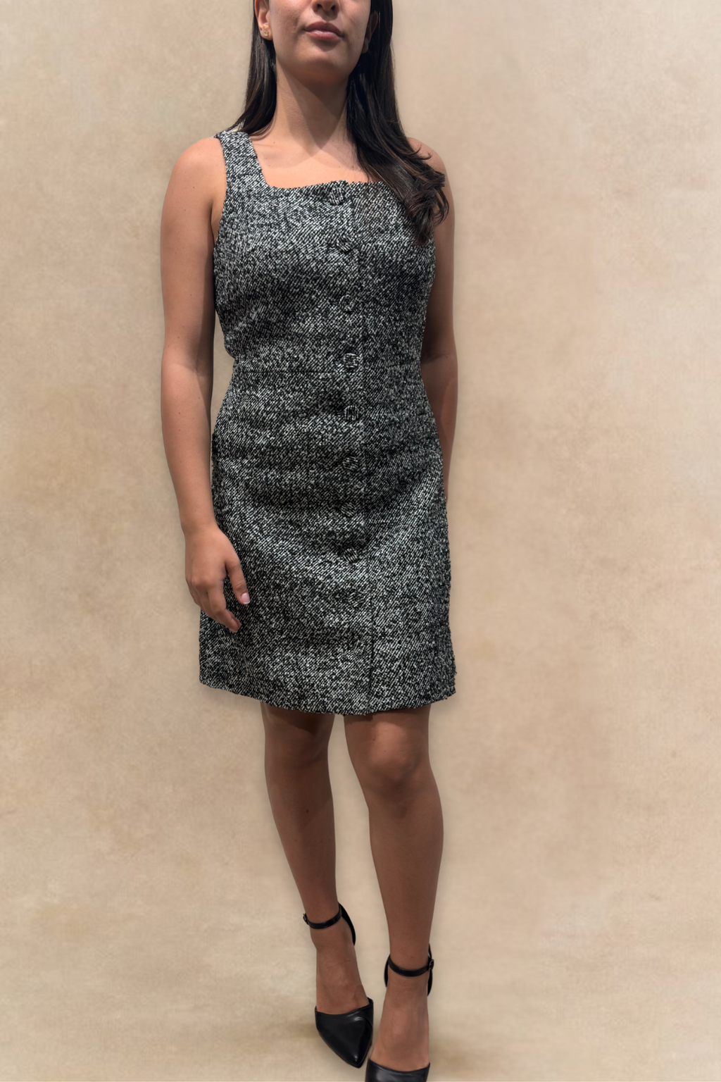 Madelaine Grey Tweed Sleeveless Apron Shift Dress Front Button Detail
