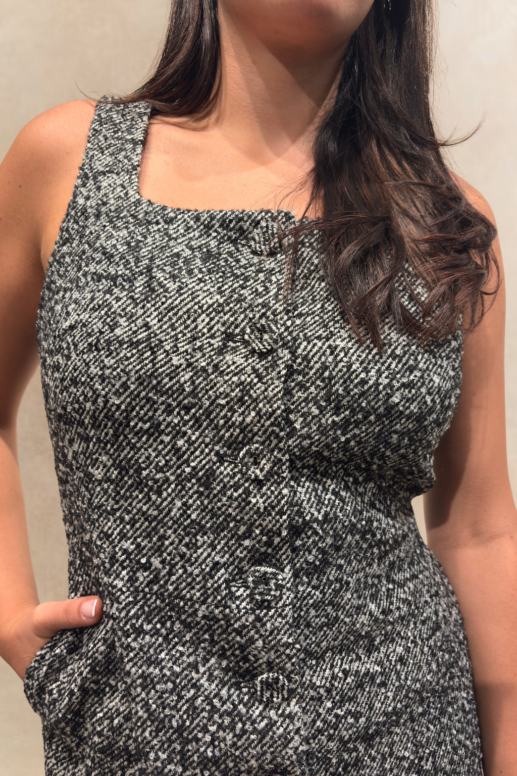 Madelaine Grey Tweed Sleeveless Apron Shift Dress Front Button Detail