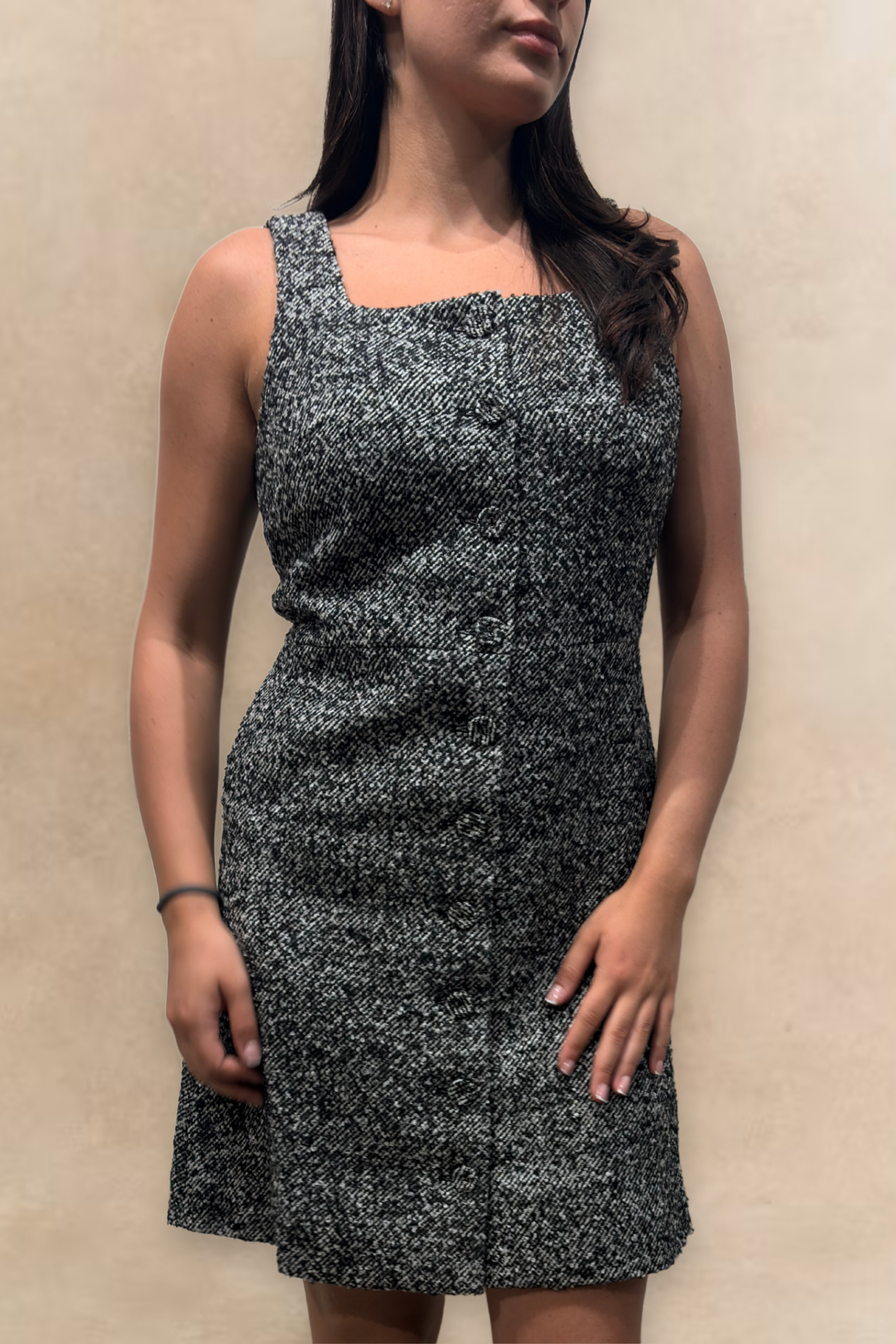 Madelaine Grey Tweed Sleeveless Apron Shift Dress Front Button Detail