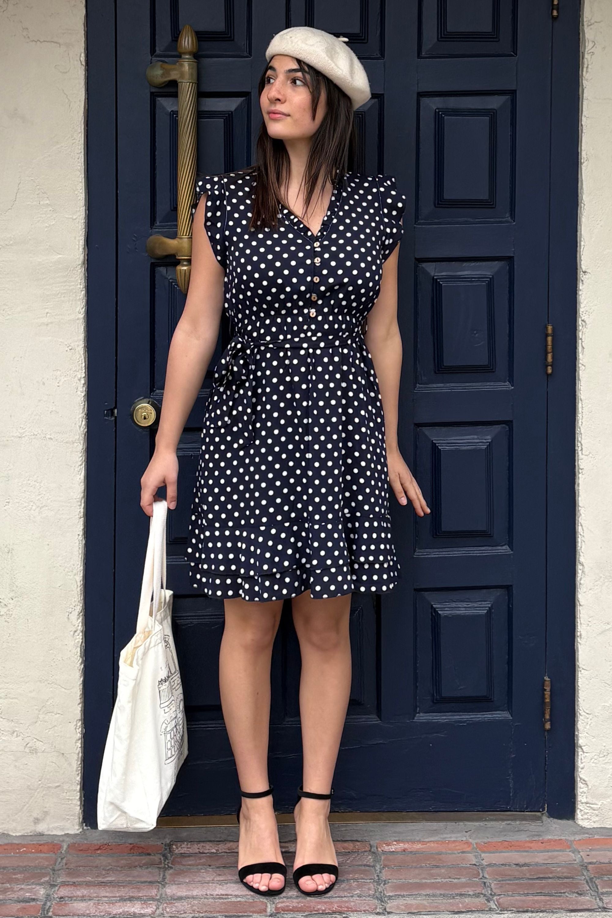 Natasha Polka Dot Short Dress with Belt, Pockets, and Ruffle Trim-1