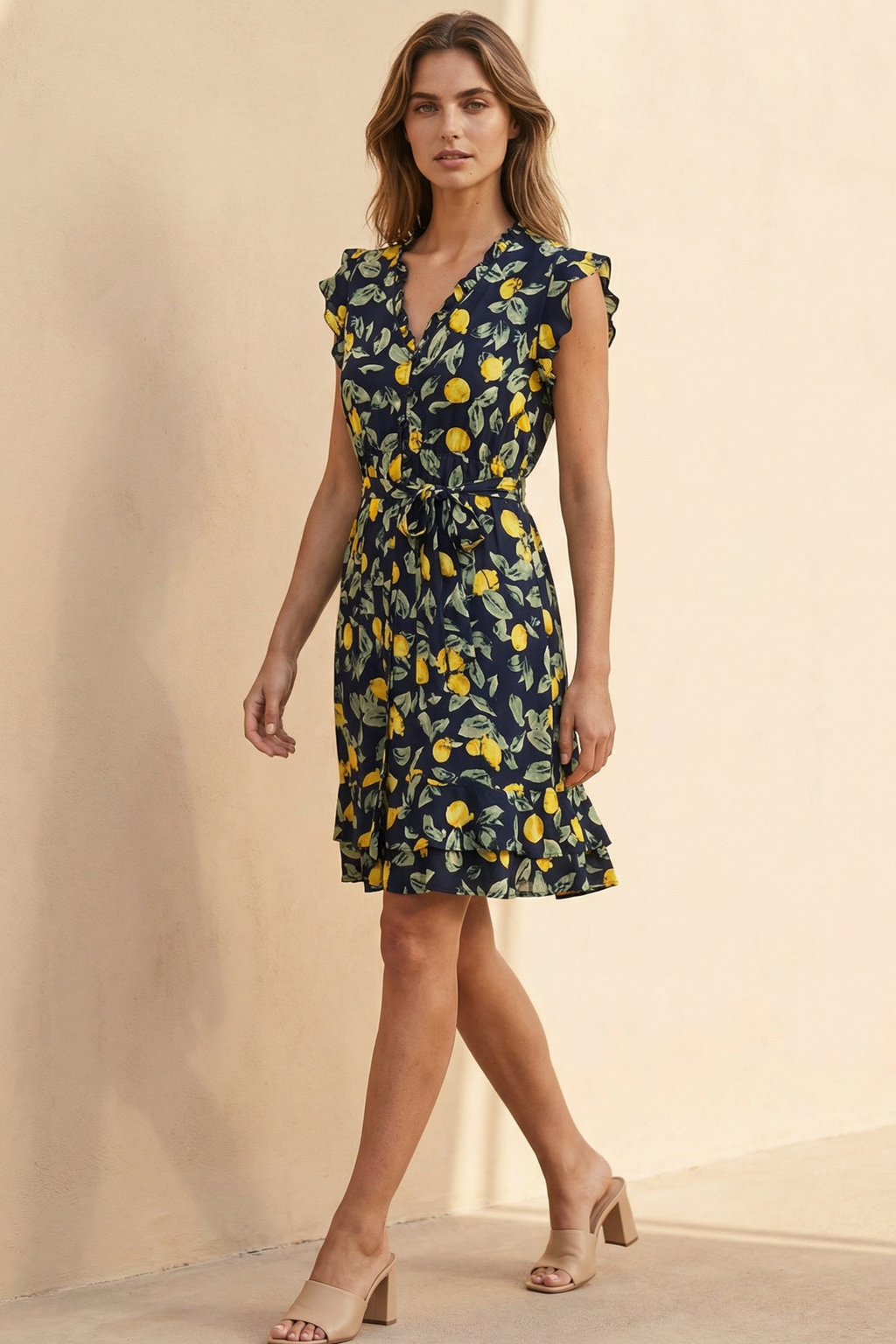 Natasha Lemon Print Short Dress Pockets