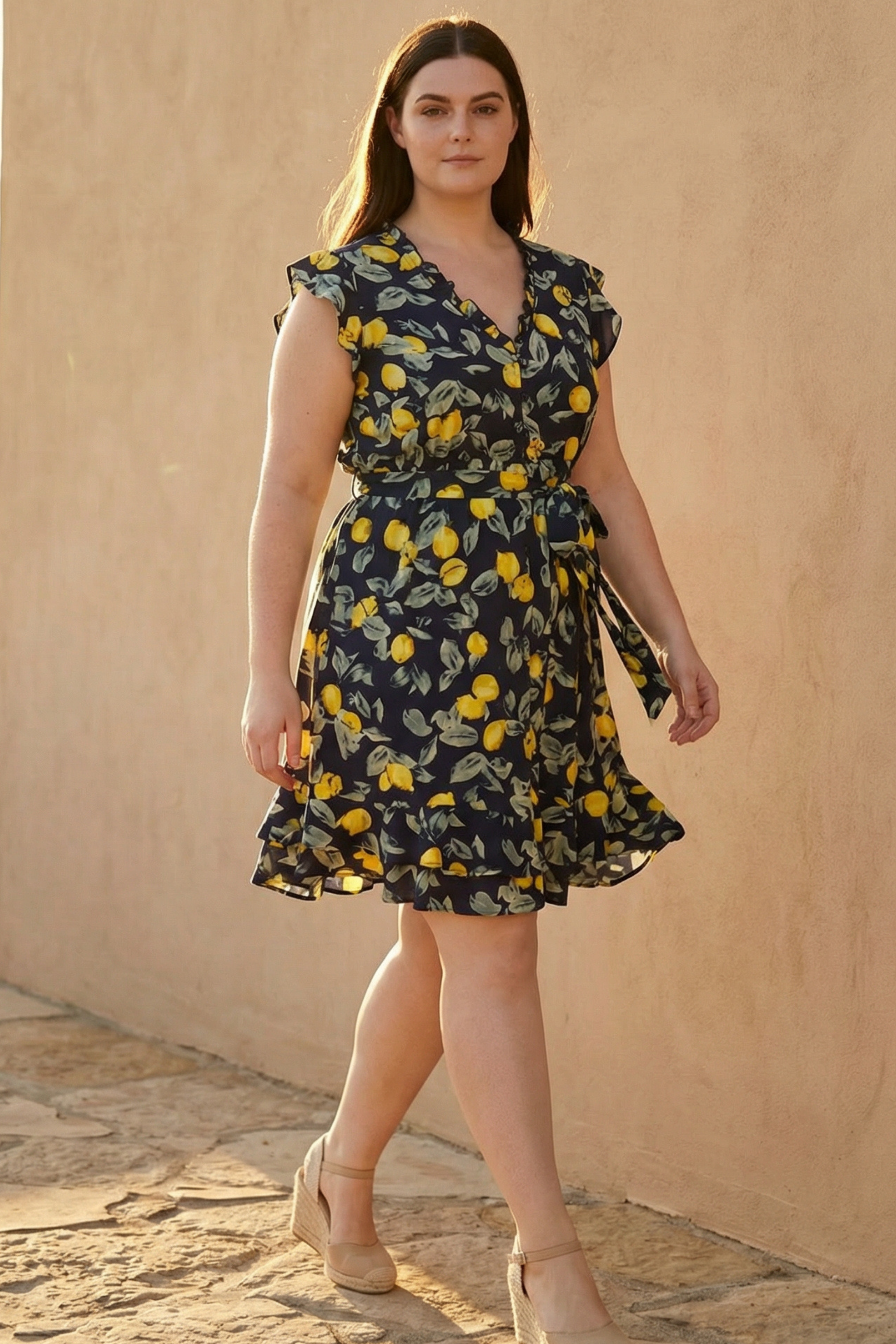 Natasha Lemon Print Short Dress Pockets