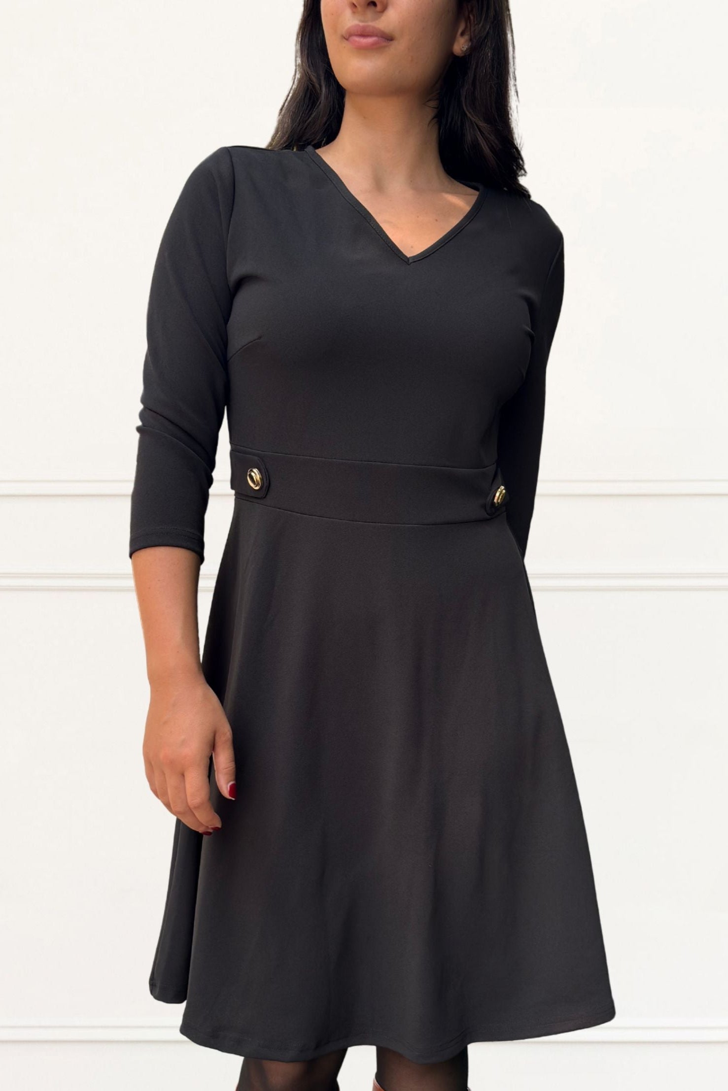 Nathalie A-Line Dress V-Neckline Structured Fit Gold Button Detail-5