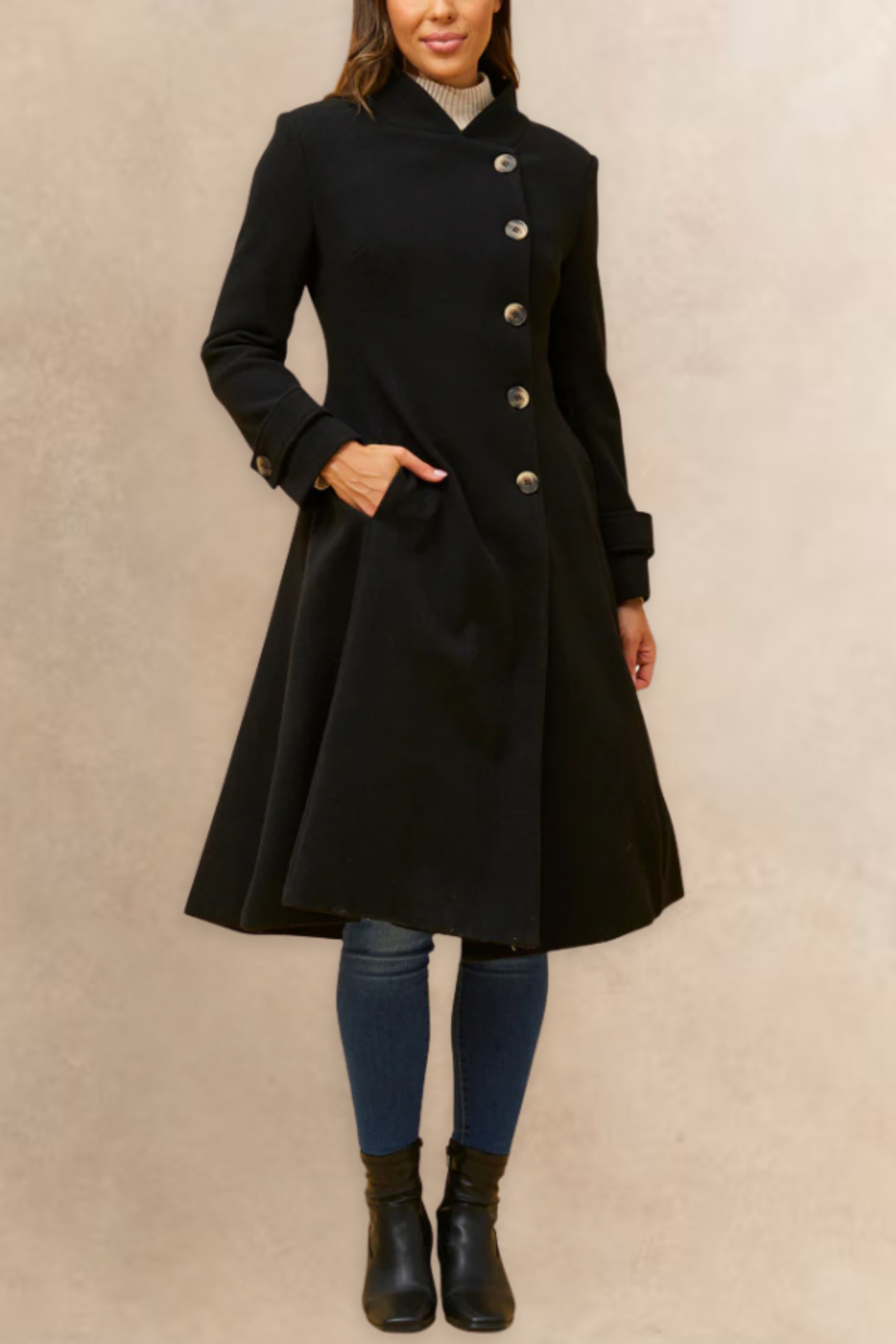 Harper Retro Flared Coat Side Buttons Elegant