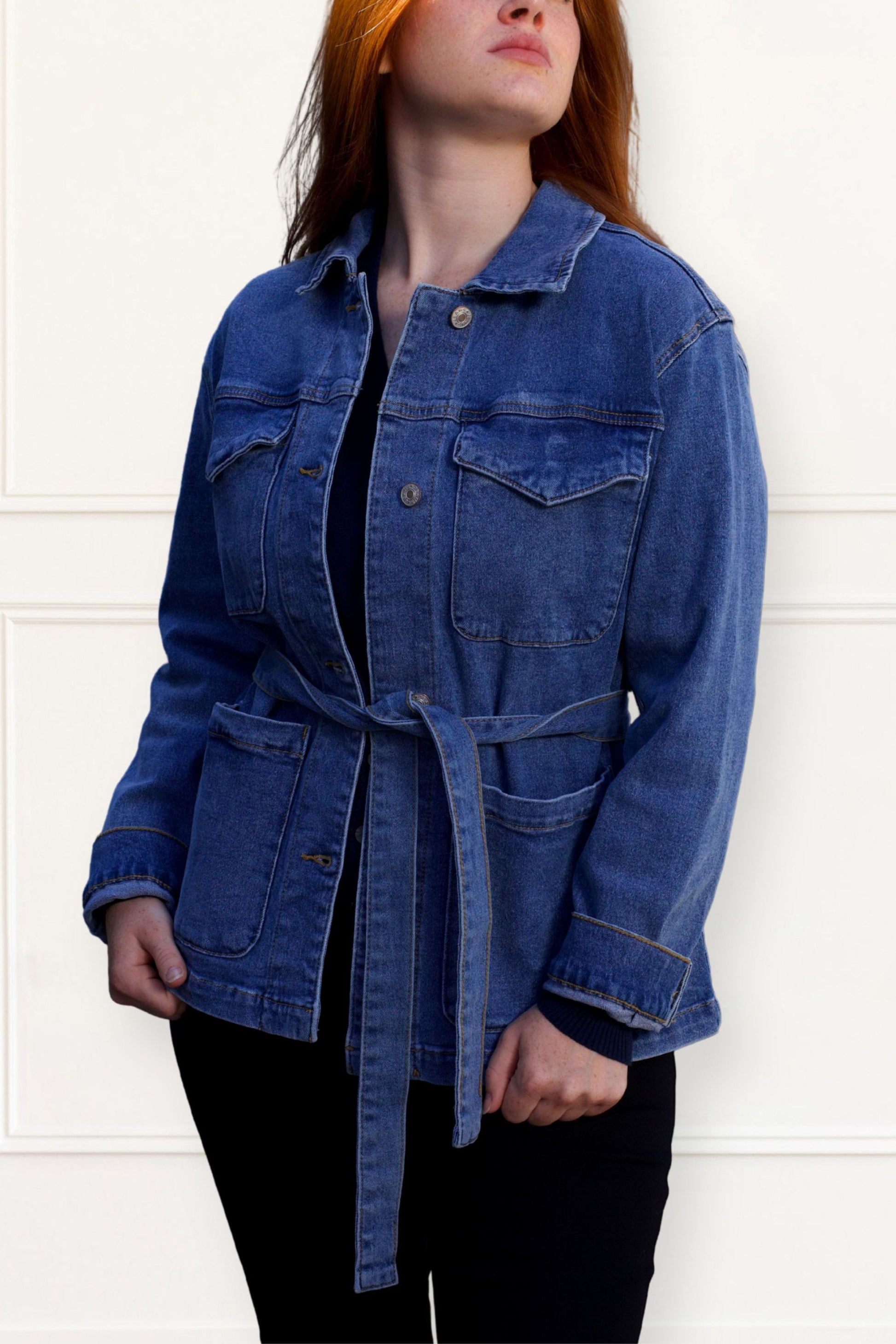 Sabrina Women's Belted Jean Jacquard Jacket With Pockets-0
