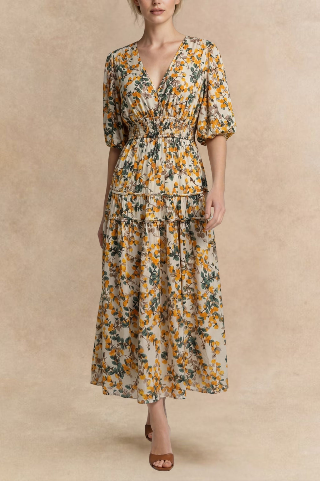 Sophie V-Neck Midi Dress Bell Sleeve Smocked