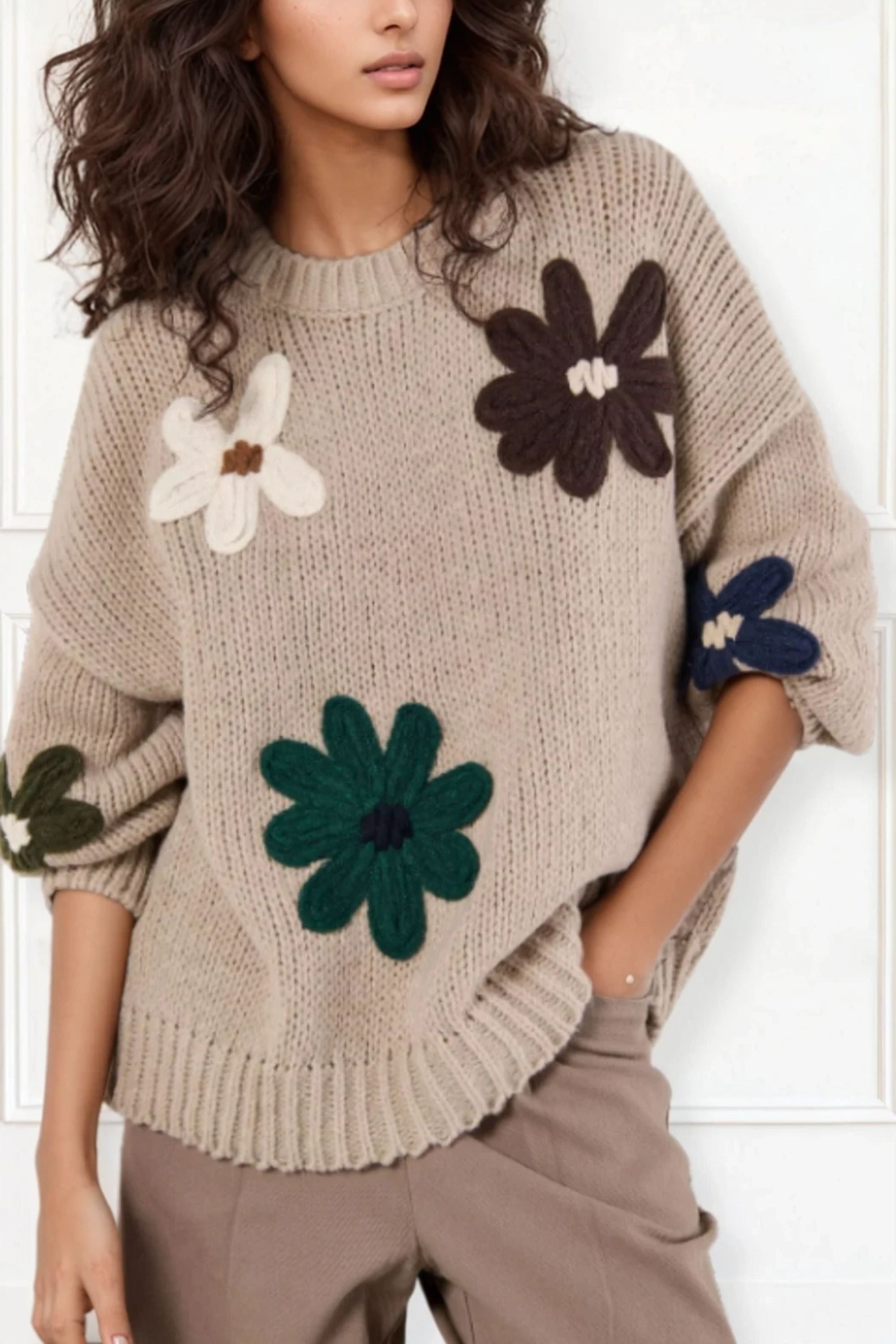 Tamara Women's Chunky Knit Sweater Embroidered Floral Appliqué-5